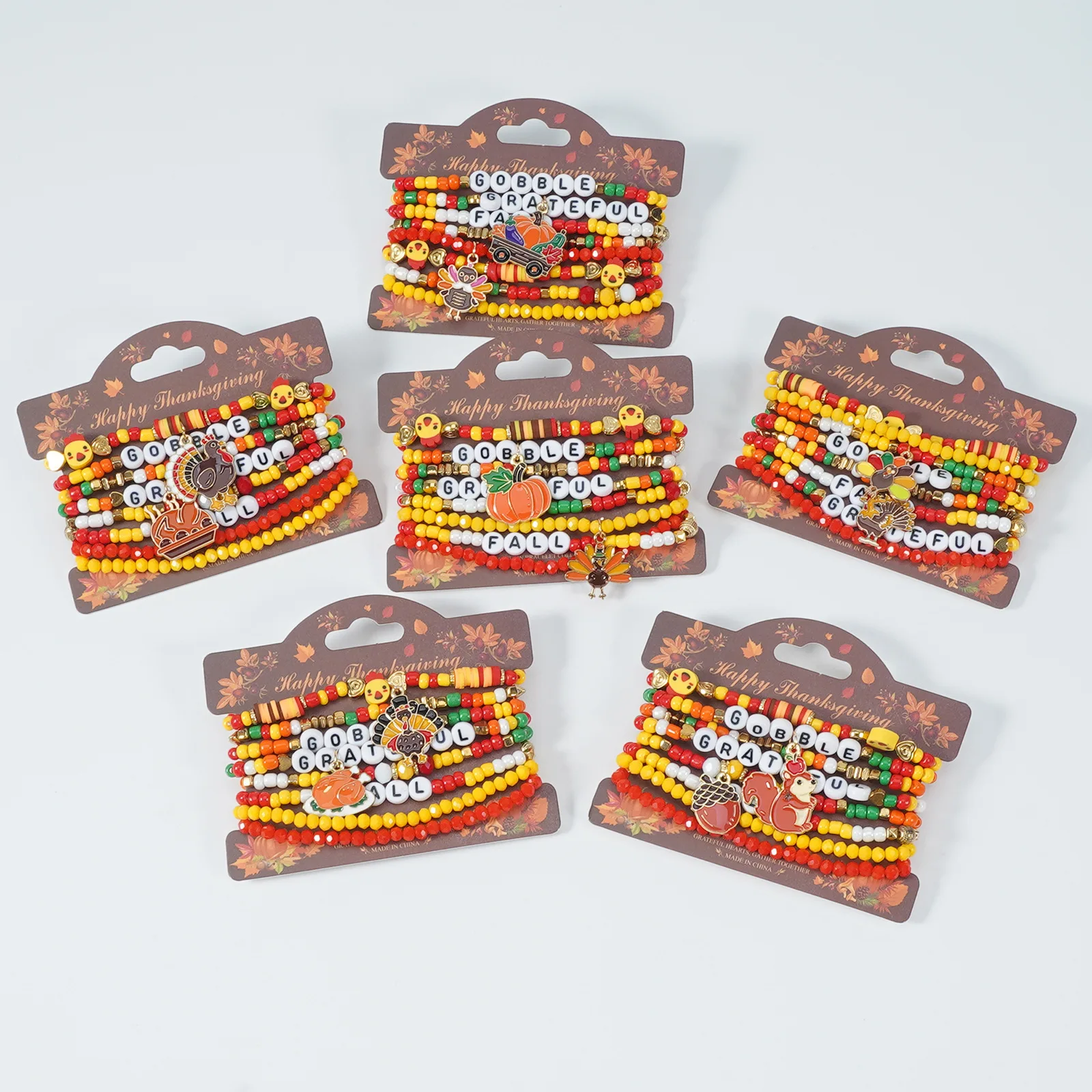 Thanksgiving Bracelet Set GRATEFUL Letter Bead Pumpkin Turkey Squirrel Maple Charm Stretch Beaded Bracelets Autumn Holiday Gift