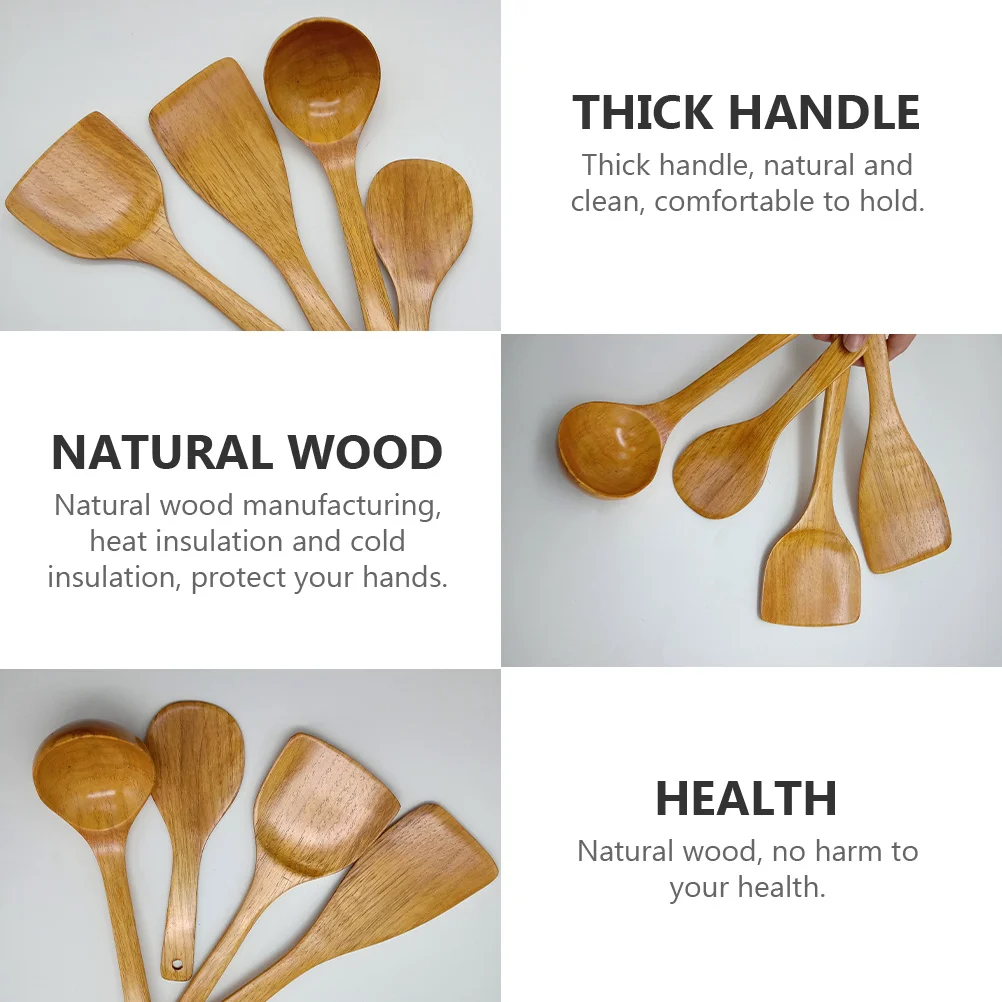 

1Set Wood Cooking Tools Set Kitchen Wooden Utensils Natural Thick Handle Heat Resistant Eco-Friendly Storage Hanging Kitchenware