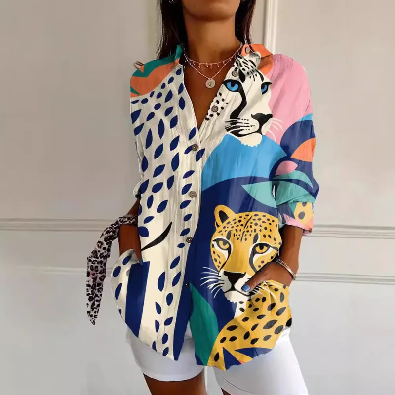 3D Leopard Pattern Printed T-shirt Women Summer Trend Half Sleeved American Trend Row Multi Button Cardigan Half Sleeved Top New