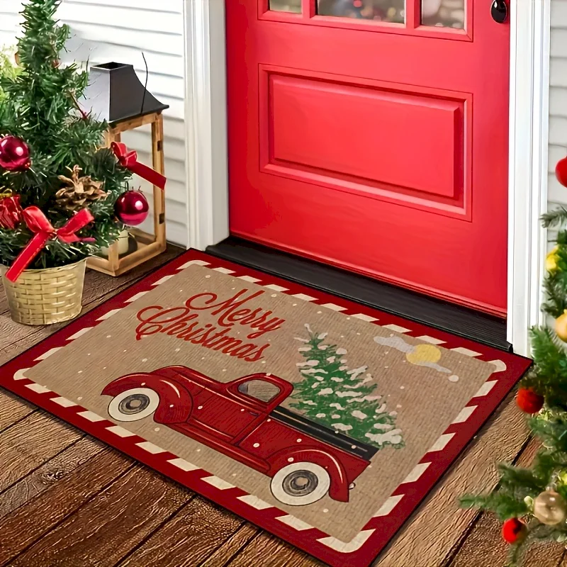 VIKAMA Vintage Red Pickup Truck Print Entrance Door Mat, Dust Absorbing And Anti Slip Soft Floor Mat, Entrance Home Decoration
