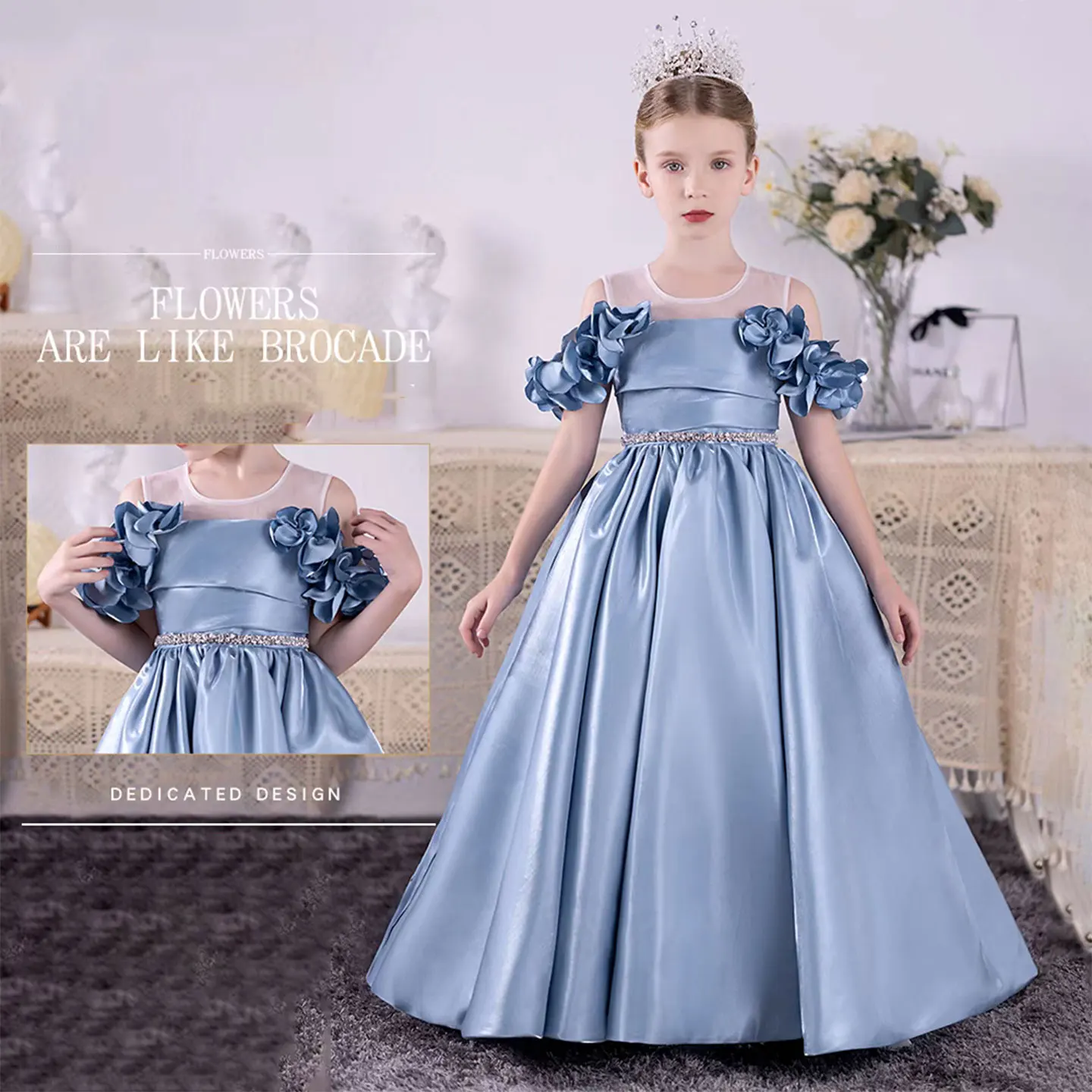 

Jill Wish Elegant Blue Girl Dress Flowers for Kids Princess Birthday Wedding Party Children Communion Holiday Gown 2025 J118