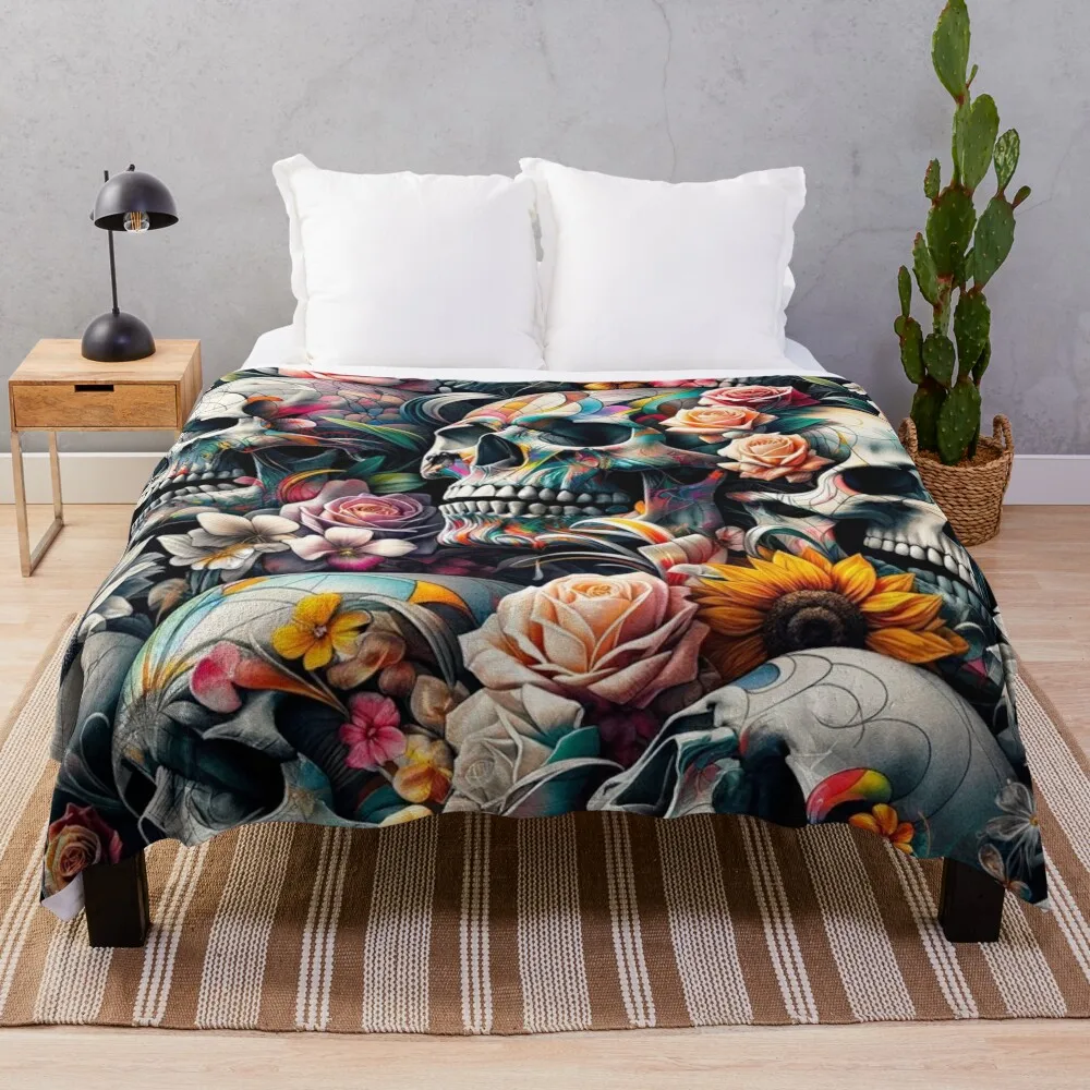 

Skulls and Spring Flowers Print Pattern Throw Blanket Decorative Beds Personalized Gift Furry Warm Blankets