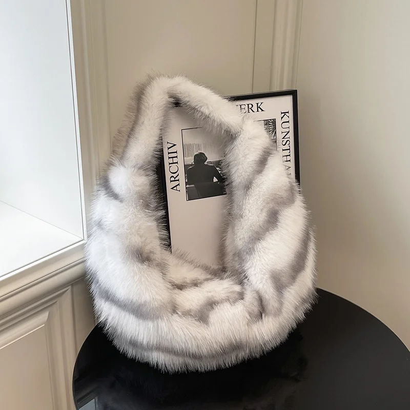 

Autumn Winter Faux Fur Tote Bag Women's Texture Soft Plush Handbags Fashion Large Capacity Striped Single Shoulder Underarm Bags