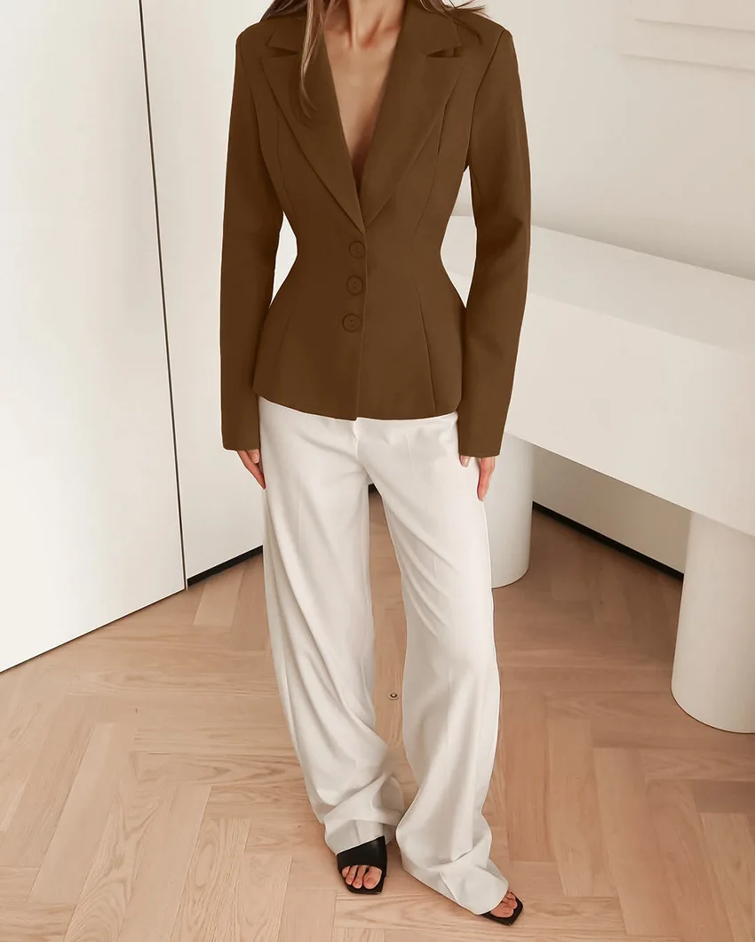 

2025 Autumn/winter New Arrival Women's Long Sleeve Waist-Cinching V-Neck Office Blazer with Fashionable Padded Shoulders