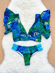 2024 New Printed Ruffle Bikini Women Two Pieces Swimsuit Sexy V Neck Swimwear Bathing Suit Holiday Beach Suit Lady