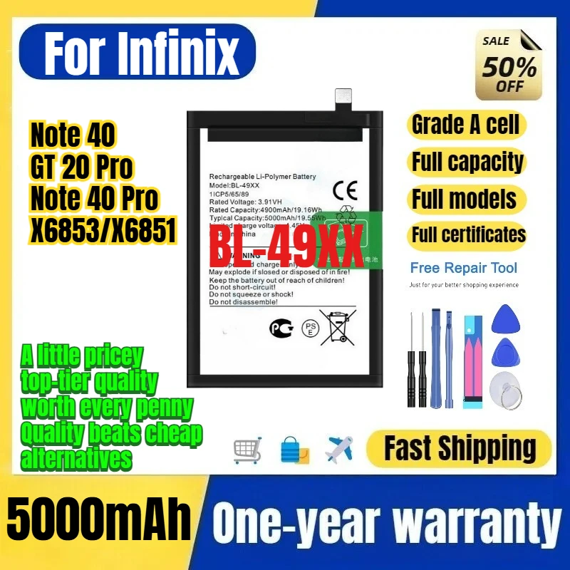 Batería BL-49XX para Infinix Tecno Note 40/GT 20 Pro/Note 40 Pro/X6853/X6851, repuesto grado A con herramientas