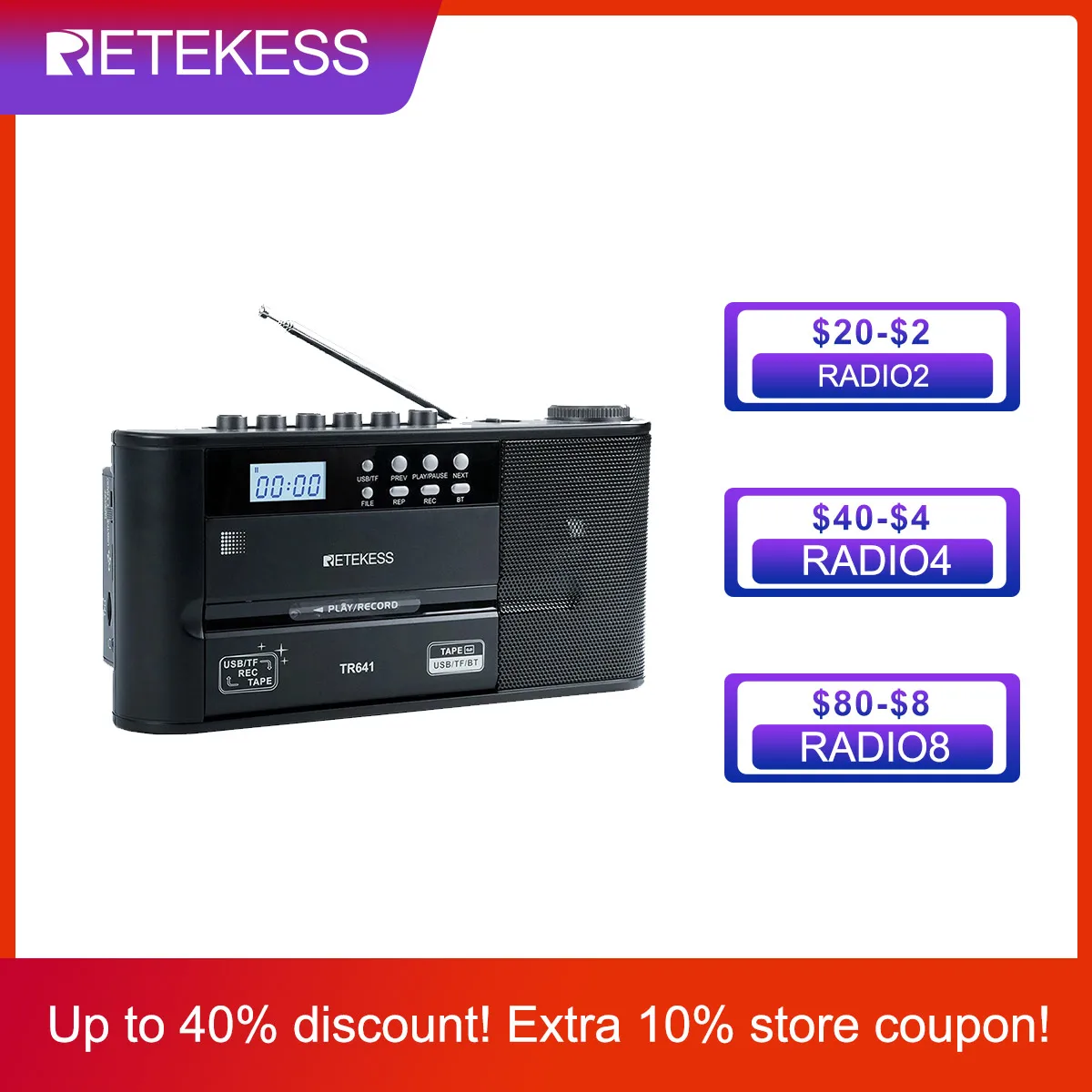 

Retekess TR641 Radio AM FM Radio Portable Vintage Cassette Radio Transcription Function Dual power Supply Speaker Recording