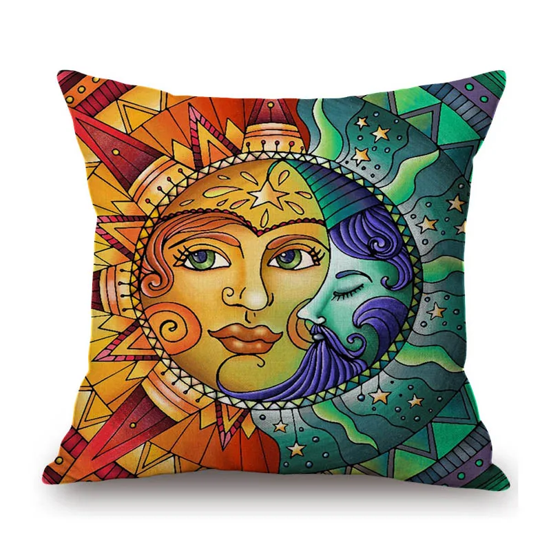 Tarot Card Sun Moon Hippies Art Cartoon Home Decorative Cotton Linen Sofa Throw Pillow Case Cartoon Astrology Art Cushion Cover