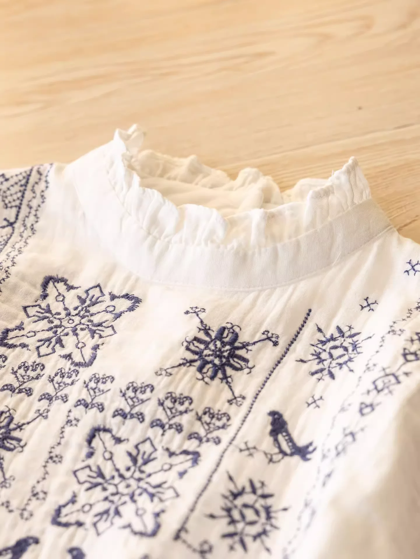 

2026 Cotton yarn blue embroidered white shirts and blouses for women autumn spring ethnic stand collar long sleeve tops