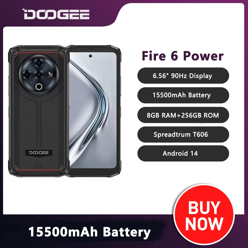 Robustes DOOGEE Fire 6 Power Smartphone Android 14 8 GB + 256 GB 6,56 Zoll 90 Hz Display 15500 mAh 50 MP Kamera Spreadtrum T606 4G NFC-Telefon