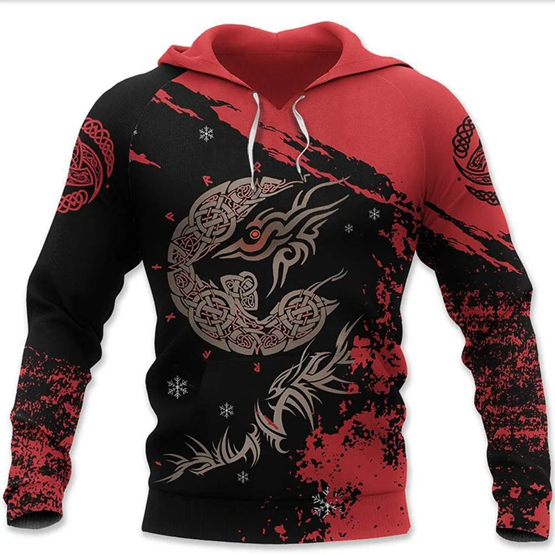 New Viking Mythology Hoodie For Men's 3D Print Vintage Style Long Sleeve Top Oversized Hip Hop Pullover Clothes For Men Clothing