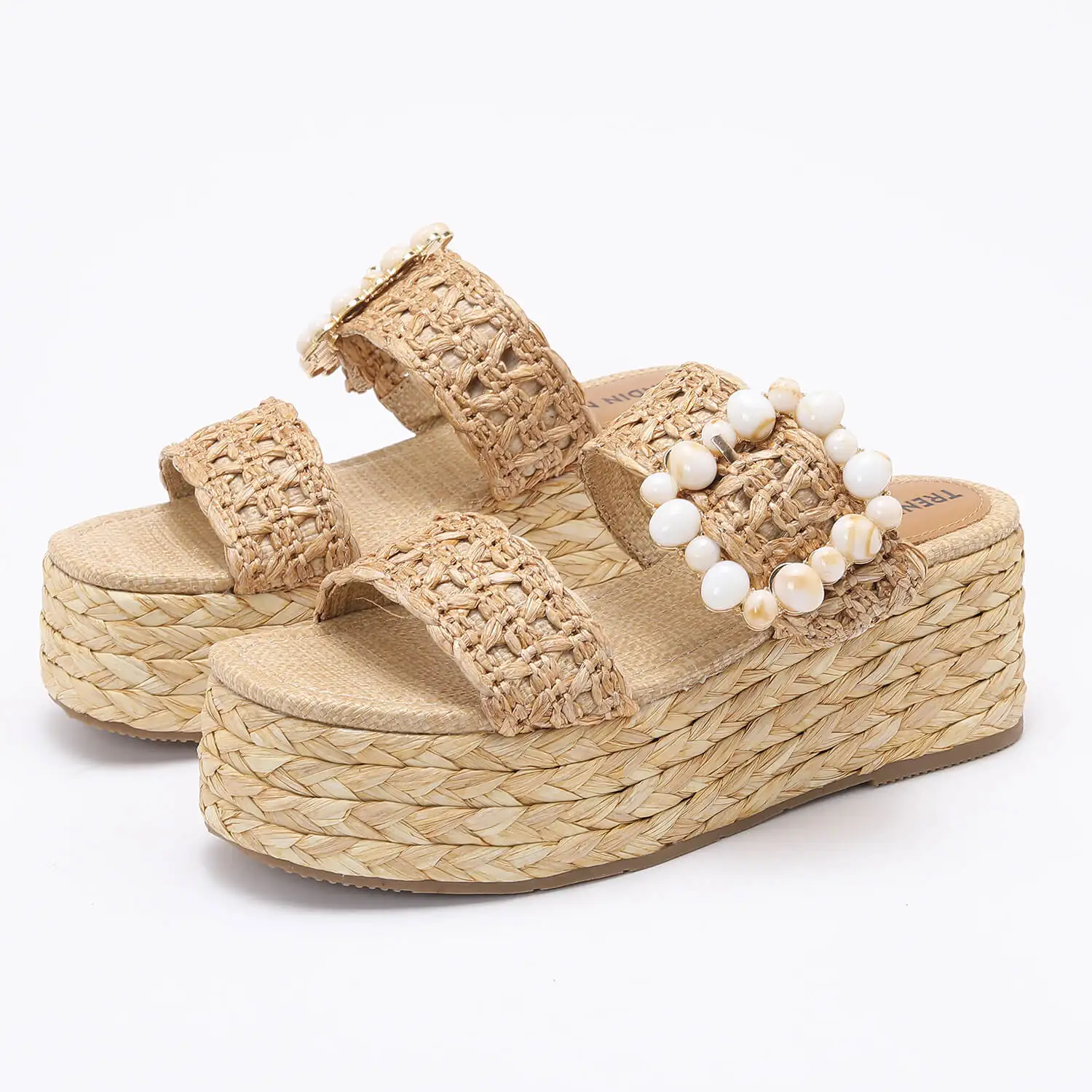 Sandalias de cuña bohemias de rafia para mujer, con hebilla de concha, plataforma, suela gruesa antideslizante, calzado informal para playa y vacaciones