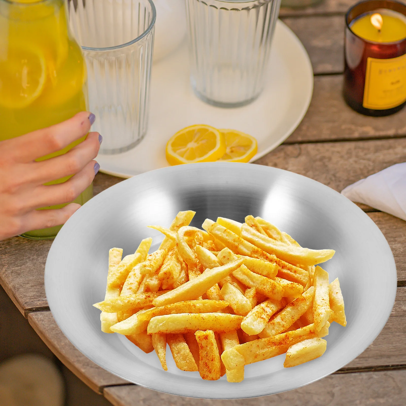

1pc Stainless Steel Salad Wide Rimmed Pasta Bowl Metal Food Bowl Shallow Dinner Plate For Dipping Bread Rustproof Heat
