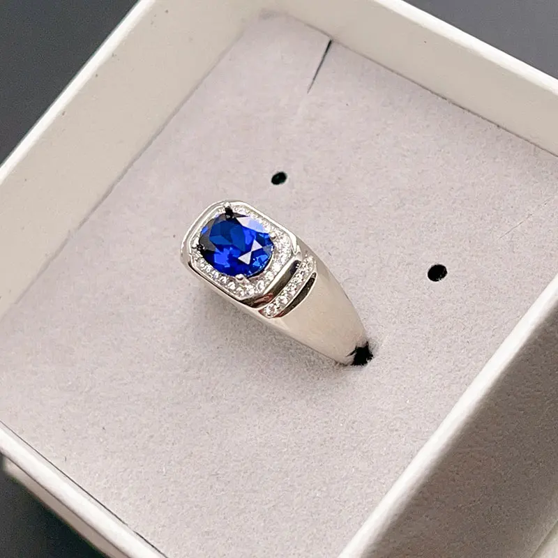 

925 Silver Sapphire Ruby Ring 6mm*8mm High Quality Lab Created Crystal Ring with 3 Layers 18K Gold Plating