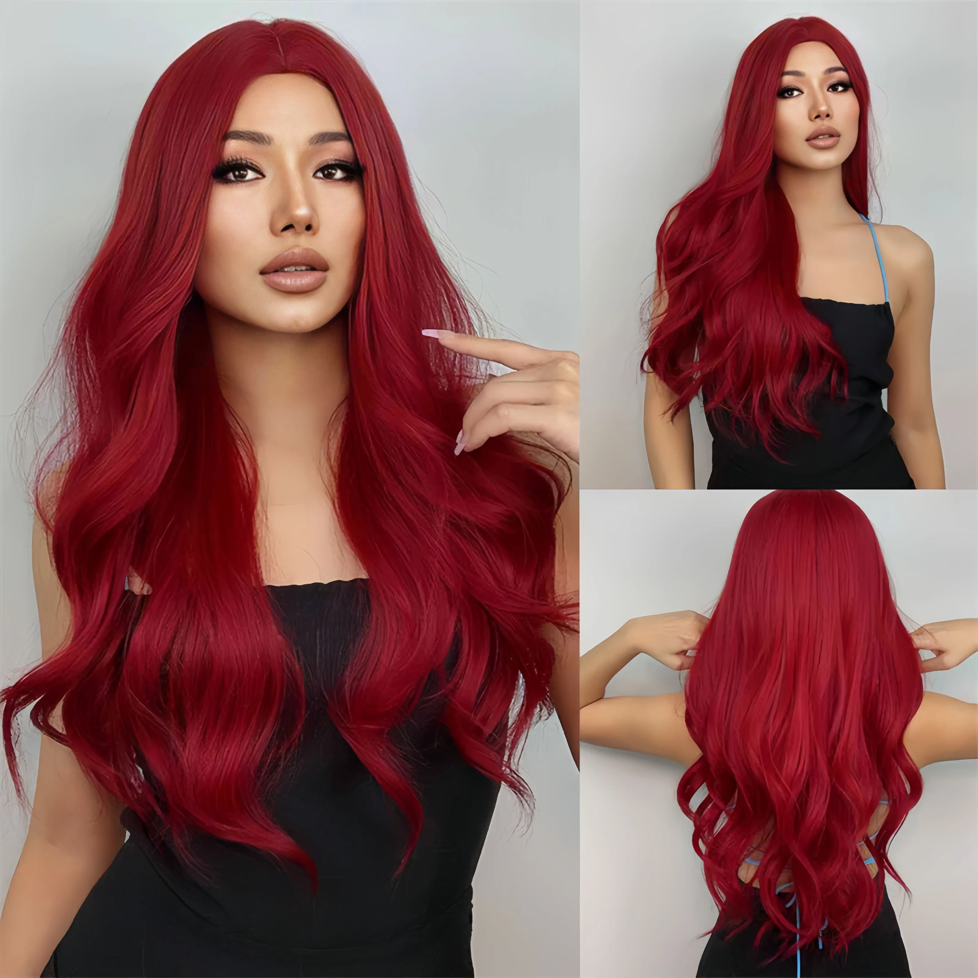 Red Synthetic Wig with a Middle Part and Long Wavy Hair. Suitable for Daily Parties and Hot Weather. Silk Wig.