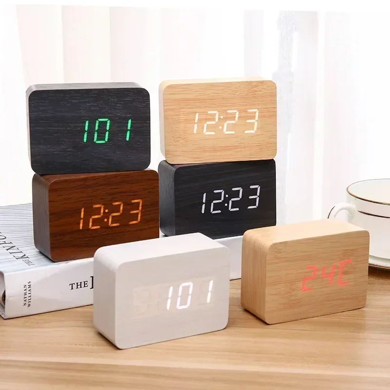 LED Wooden Alarm Watch Table Voice Control Digital Wood Despertador USB/AAA Powered Electronic Desktop Clocks