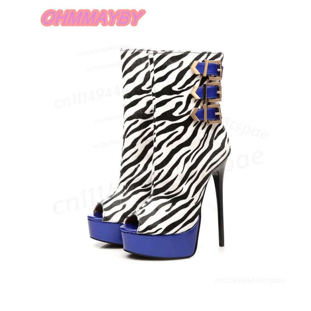 Zebra Print Platform Ankle Boots for Women Open Toe Stiletto High Heels Blue Contrast Triple Buckle Straps Evening Party Shoes