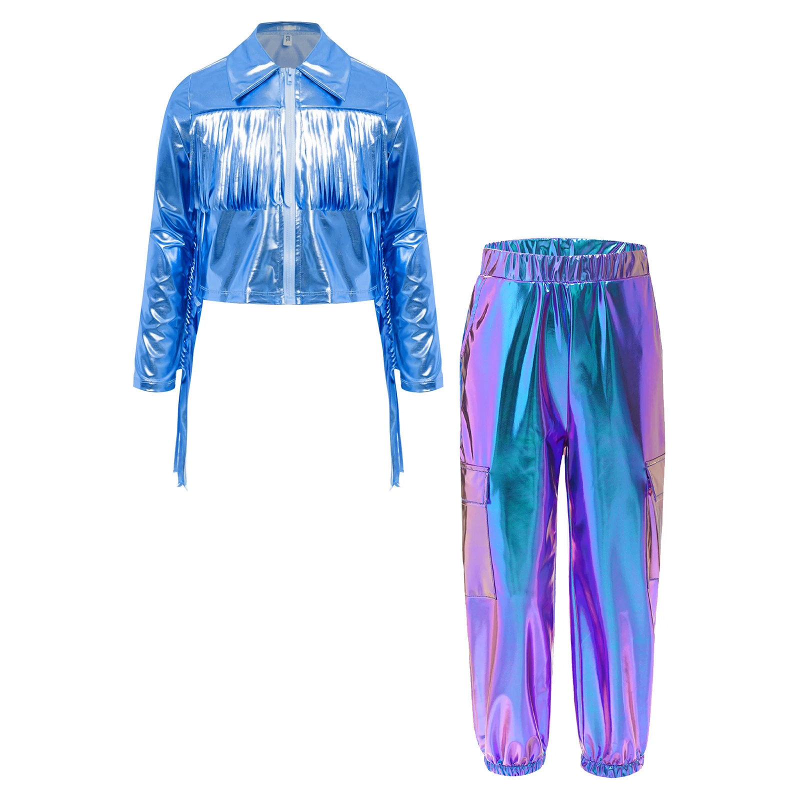 

Kids Girls Jazz Dance Outfit Turn-Down Collar Long Sleeve Zipper Tassels Metallic Jacket Coat+Cargo Pants for Hip-Hop Streetwear
