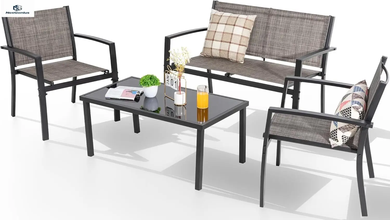 

Outdoor Patio Furniture Set Four Piece All Weather Conversation Set With Glass Coffee Table Loveseat Two Single Chairs For Home