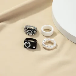 Plastic Rings for Women Jewelry Set of 4 Zebra Print Acrylic Finger Rings White Heart Pearl Elastic Knuckle Stackable Ring Pack