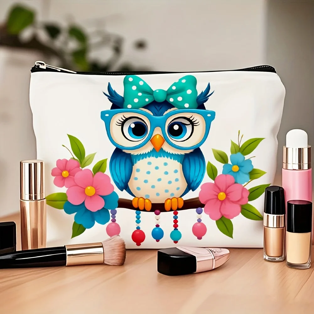 Urocza kosmetyczka z nadrukiem sowy - wielofunkcyjna saszetka na zamek błyskawiczny, woreczek na biżuterię, idealna podróżna mała saszetka na zamek.