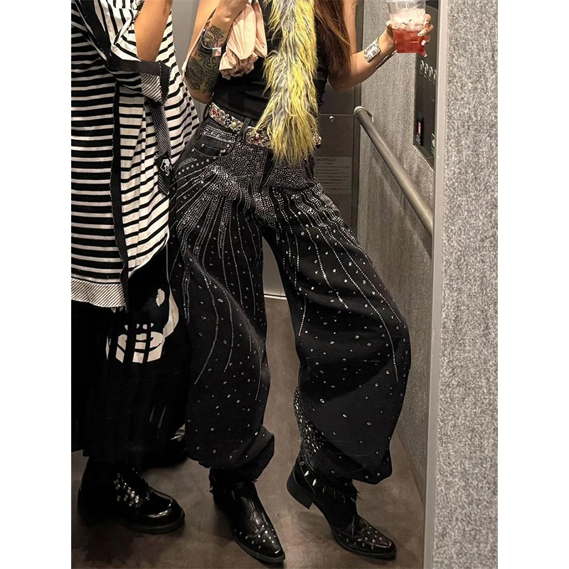 

Y2K Diamond Jeans Women Harajuku Streetwear Wide Leg Denim Pants Vintage Gothic Grunge Baggy Casual Design Straight Trousers New