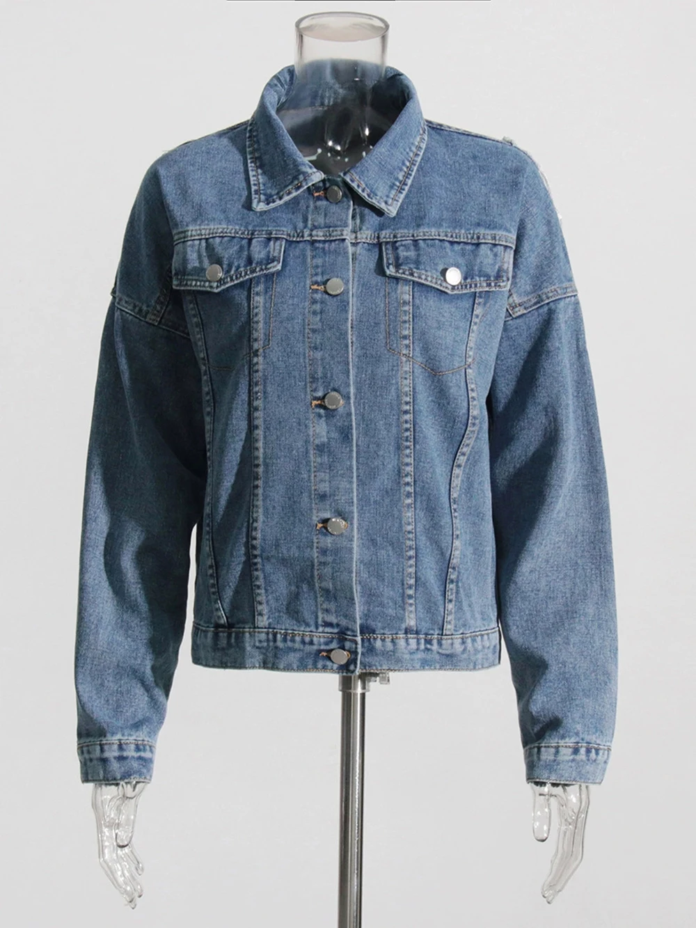 

European and American street motorcycle style 2025 autumn new fashion lapel back tassel design loose denim jacket-GZXX973