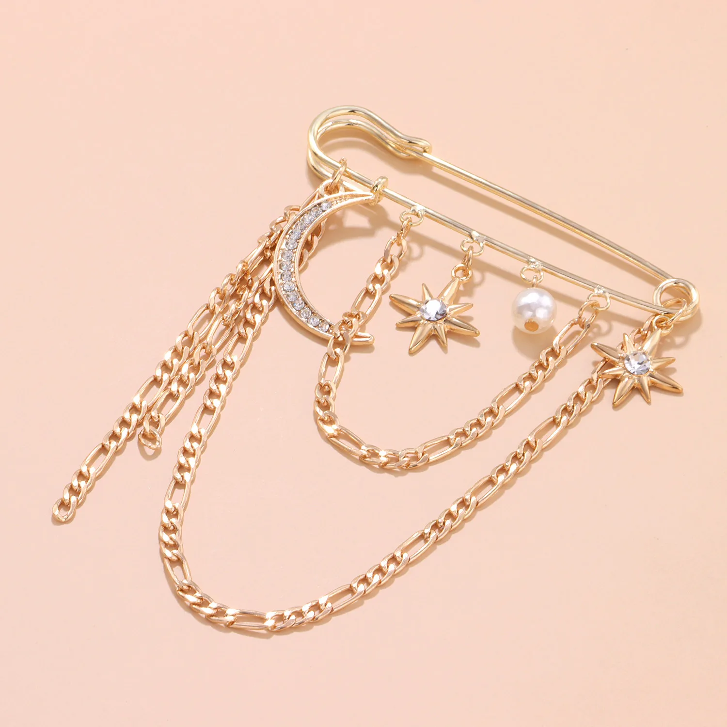 Cross border jewelry light luxury full diamond crescent star shaped brooch women's new metal chain pearl pin accessories
