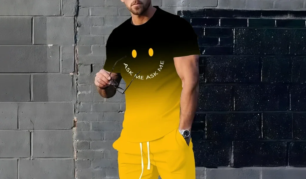 Summer fashion 3D printed smiling face pattern men's quick drying top street breathable trendy T-shirt set