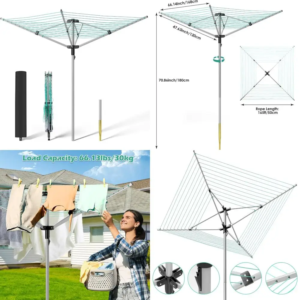 

Outdoor 4-Arm Adjustable Height Rotary Clothesline Drying Rack for Umbrellas and Laundry