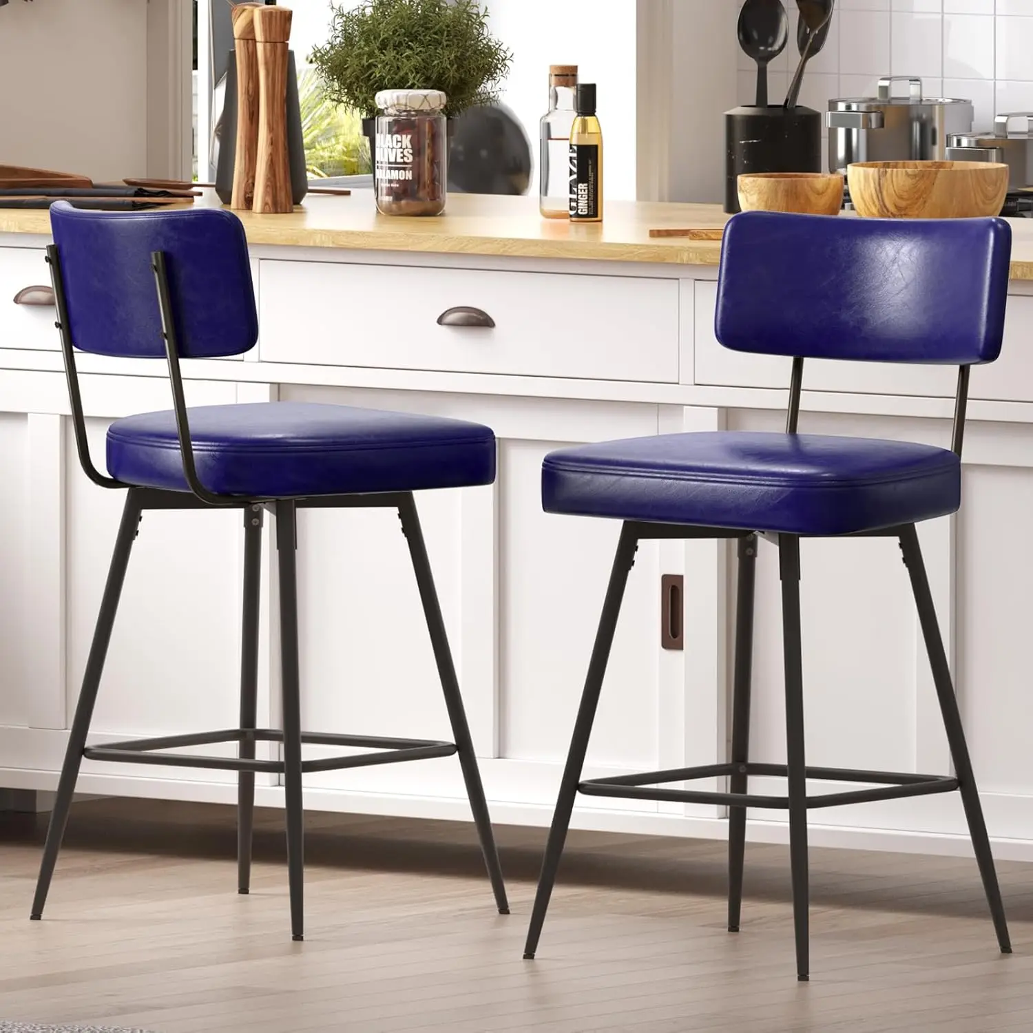 

Counter Height Bar Stools Set Of 2, Upholstered Swivel Barstools With Curved Backrest And Metal Legs, 27"" Seat Height Modern