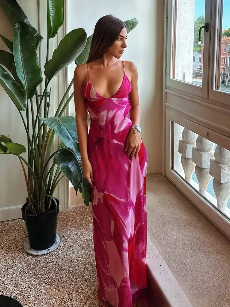 KONDALA Sexy Blumendruck Langes Kleid Damen V-Ausschnitt Rückenfrei Schal Cami Kleid Mode 2025, Urlaub Strand Party Kleid Elegantes Kleid