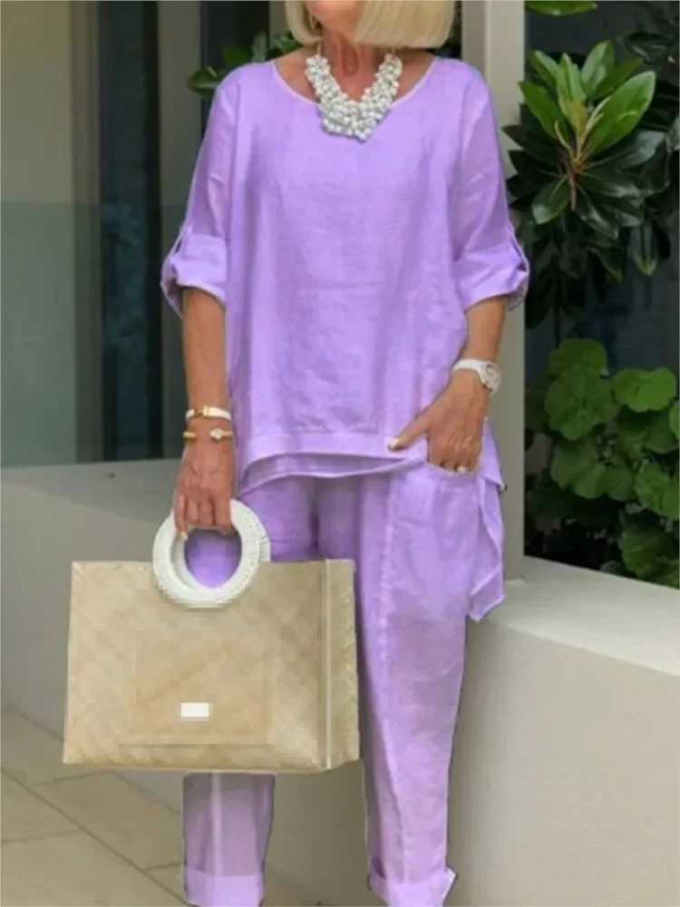심플 코튼 린넨 여성 정장 가을 O넥 긴팔 루즈 블라우스 와이드 레그 팬츠 투피스 세트 여성 캐주얼 의상