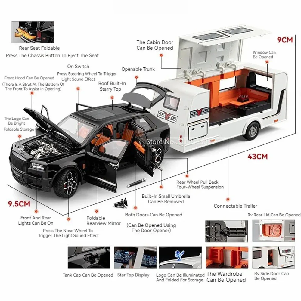 1:20 Rolls Royce Cullinan Toys Cars Models Wheel Pull Back Travel Trailer with Light Music Miniature Caravans Toddler Kids Gifts