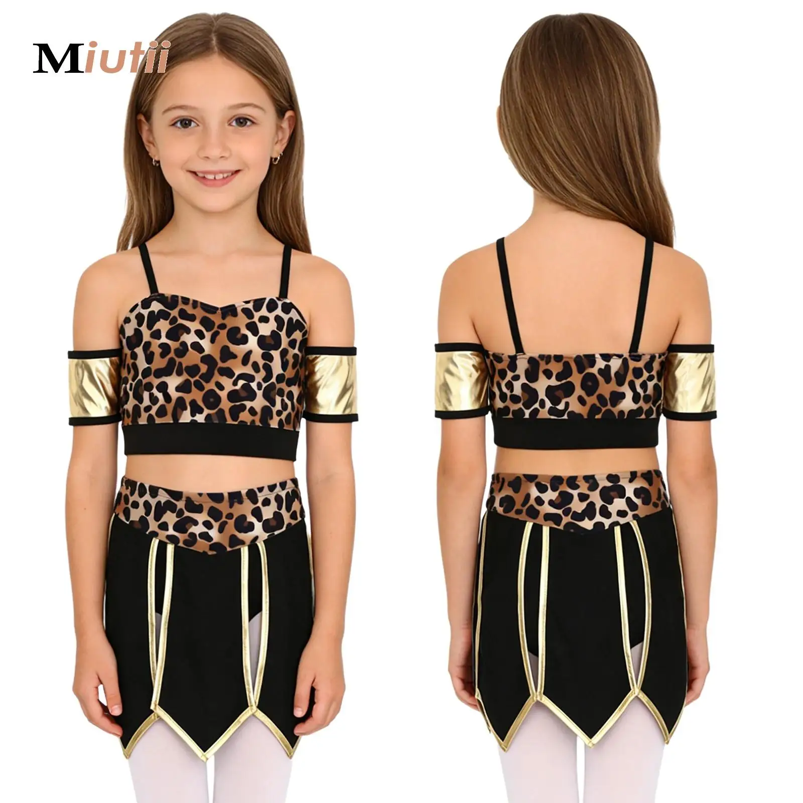 

Native American Modern Dance Performance Costume Teens Girls Savage Caveman Tank Top+Skirt Set Leopard African Tribal Clothing