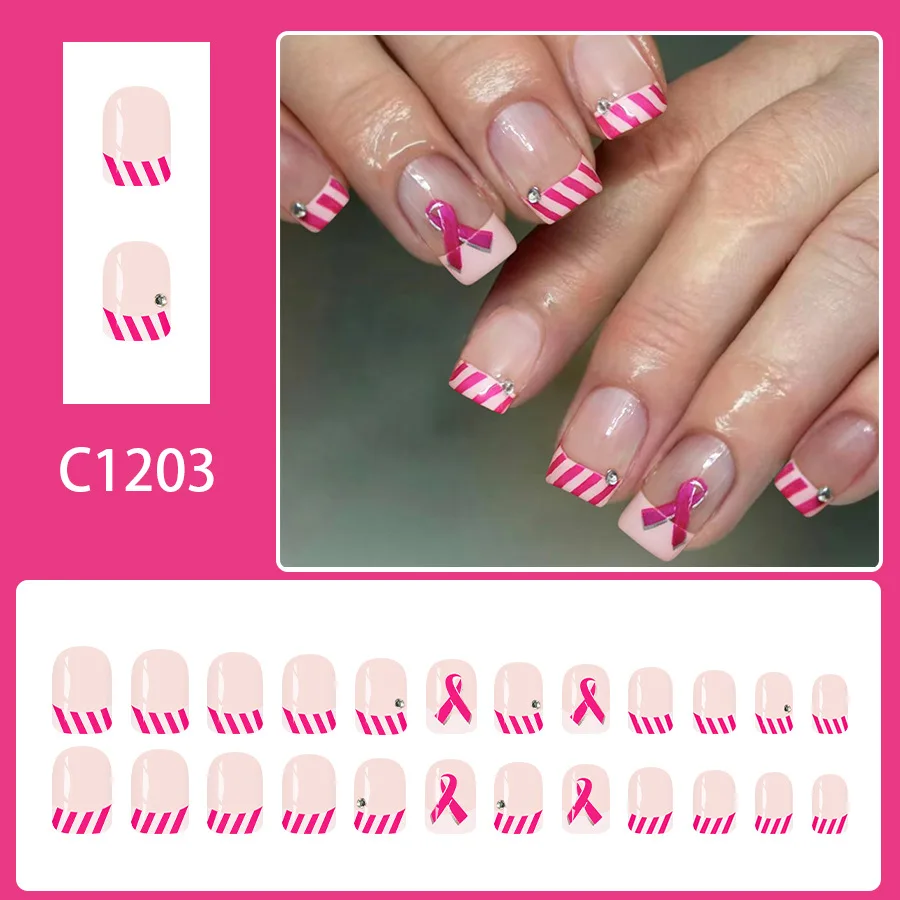 24 Uds. De uñas postizas cortas rosas francesas, uñas postizas brillantes y dulces para mujer, uñas postizas reutilizables con purpurina y decoración de lentejuelas