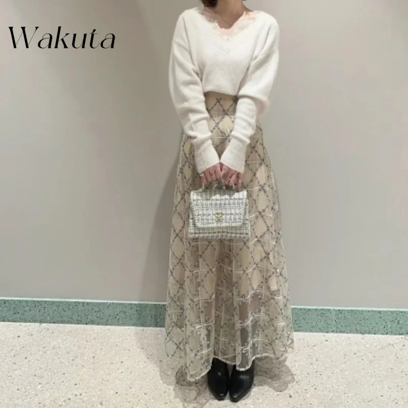 WAKUTA Japanese Classic Fall Winter Retro High Waisted Plaid Chiffon Y2k Skirts Chic Waist Cinching Slimming A-line Skirt 니트 스커트