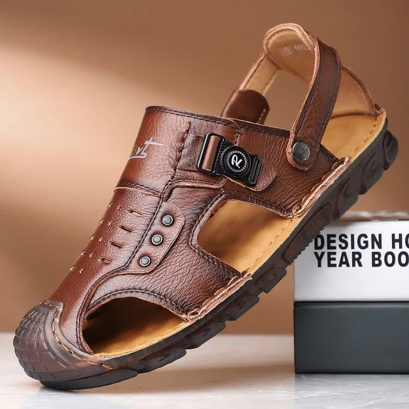 

Мужские летние новые кожаные сандалии из натуральной кожи, пляжная обувь с противоскользящей резиновой подошвой, удобные дышащие повседневные шлепанцы