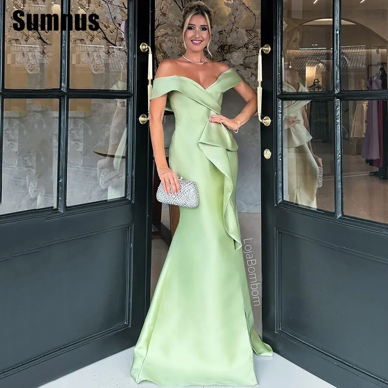 

SUMNUS Light Green Satin Prom Gowns Simple Mermaid Off Shoulder Party Dresses Sweetheart Dress 2024 Floor Length Customized