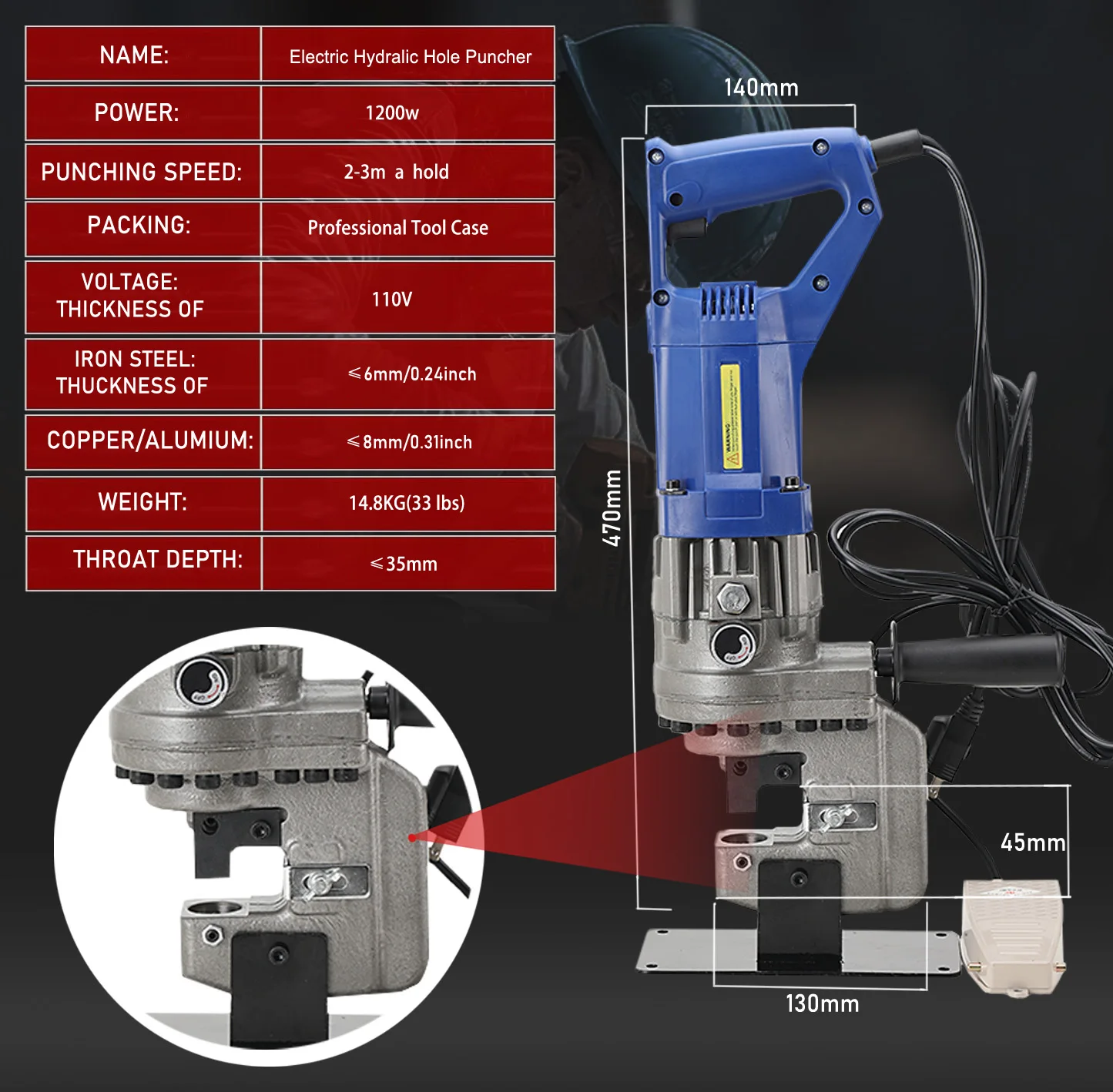 1200 واط الكهربائية آلة التثقيب الهيدروليكية 110 فولت زاوية الحديد قناة الصلب الناخس يده لوحة الألومنيوم النحاس أداة تخريم سريعة