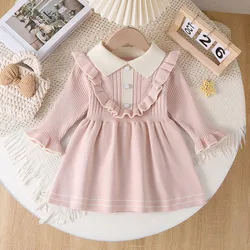 1-5Y Girls Knitted Dresses New Autumn Children's Turn Down Collar Sweater Dress Kid's Long Sleeve Princess Clothing