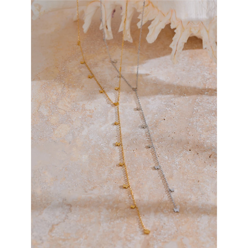 Yhpup Fashion Stainless Steel Small Butterfly Long Drop Necklace Gold Platinum PVD Plated Sexy Chic Thin Bib Chain Jewelry