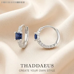 Blue Stone Timeless Creole Hinged Hoop Earrings Europe Glam Fine Jewerly For Women Gift In Solid 925 Sterling Silver