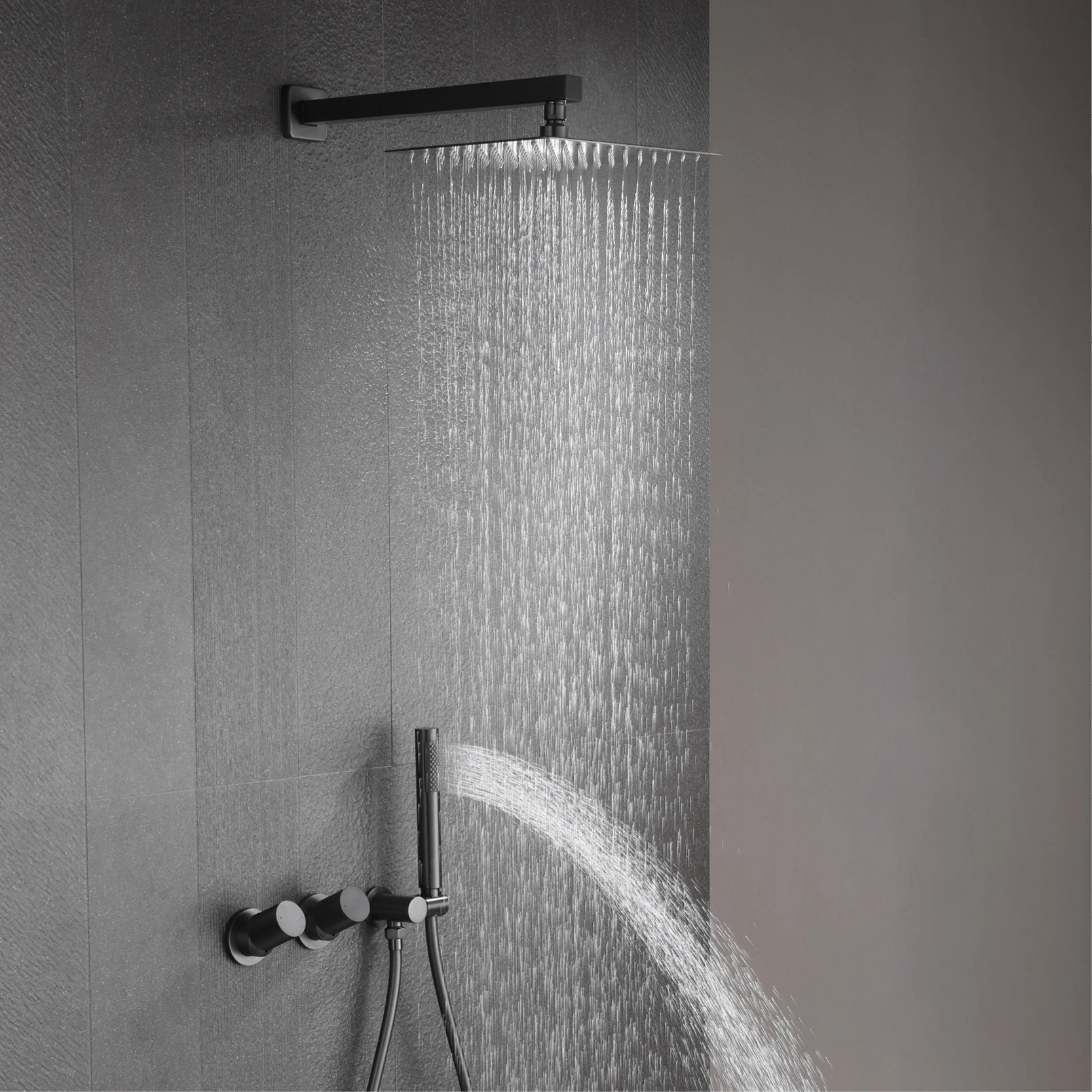 

Luxury gun gray brass wall mounted shower system embedded design with 2 handles dual control hot and cold water bathroom faucet