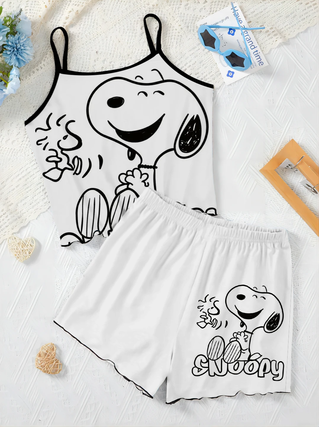 Short Sets for Women 2 Pieces Pajama Skirt T-shirt Home Dress Lettuce Trim Top Snoopy Women's Suit Elegant Summer Clothes 2024