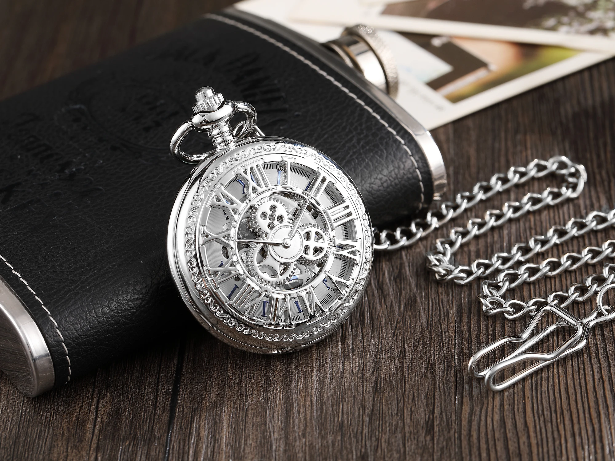 Vintage Silver Pocket Watch Mechanical Unisex Hand Wind Steampunk Necklace Fob Watch Chain Roman Numerals Clock Men Reloj Hombre