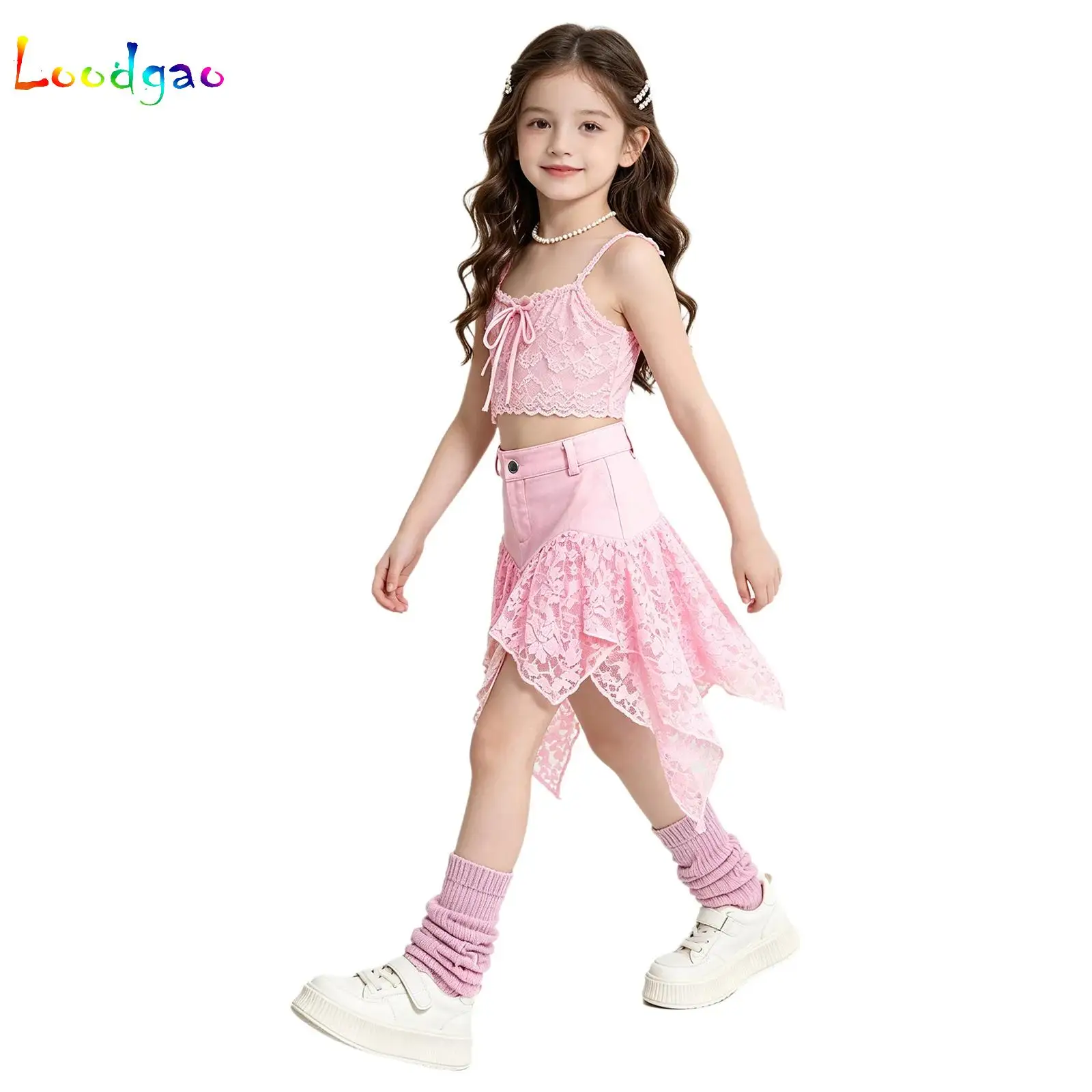 Lace Patchwork Mini Skirts Kids Girls Summer Trend Zipper Fly Irregular Flowy Sweet Girls Y2K Style Elegant Bottoms Streetwear