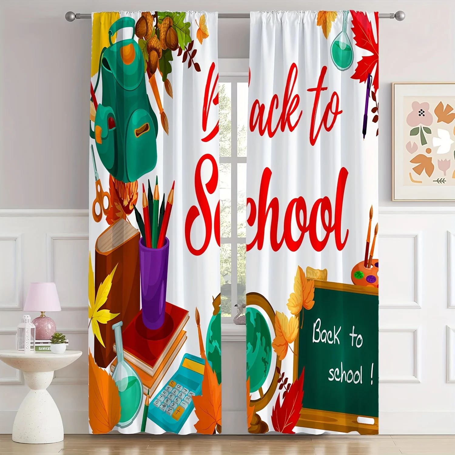 Back to School Curtains, Colorful Study Supplies Print Drapes, Kids Classroom Education Theme Window Treatment Decor