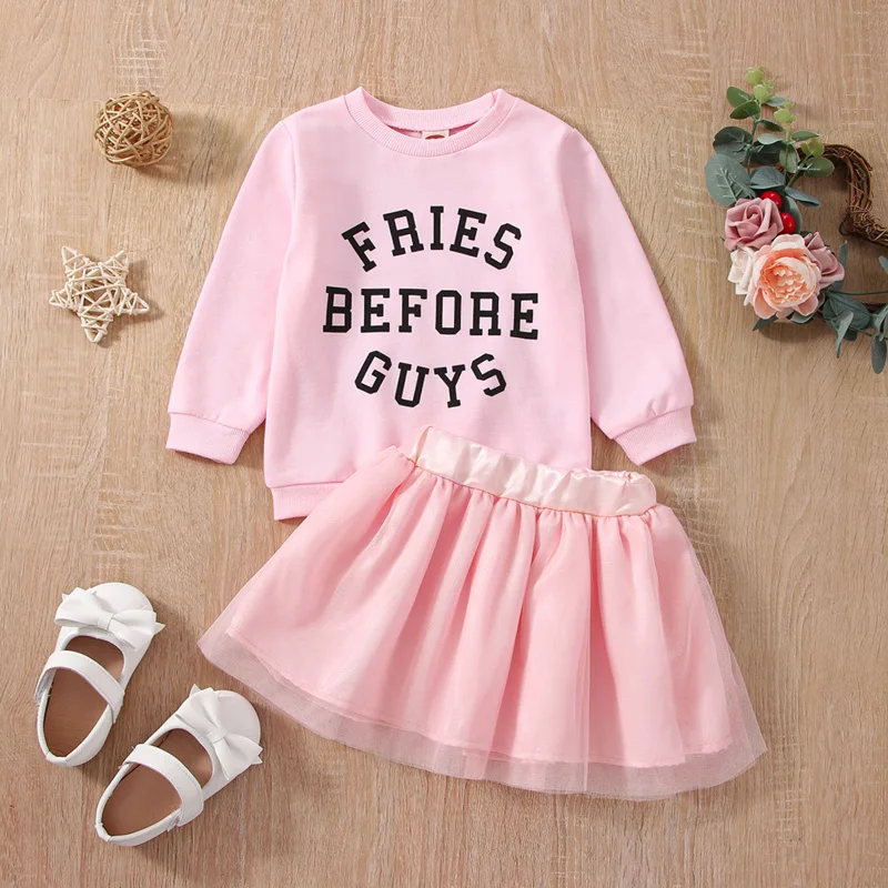 Adorable Baby Girl Outfits with Long Sleeve Round Neck Tops and Mesh Skirt featuring Letters Print Design for a Casual Look