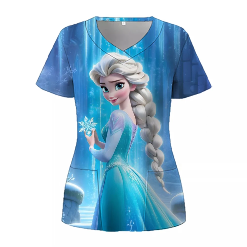 Disney Princess Women Uniform Print Frozen Elsa Snow White Short Sleeve V-neck Tops Femme Blouse Nurse workMedical